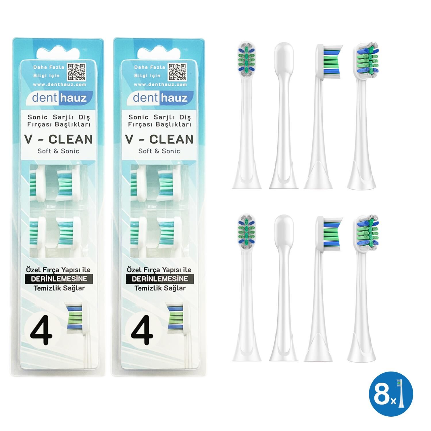 Super Set - V Clean Sonic Soft Temizlik - Philips Sonicare Uyumlu 8 Adet Yedek Başlık
