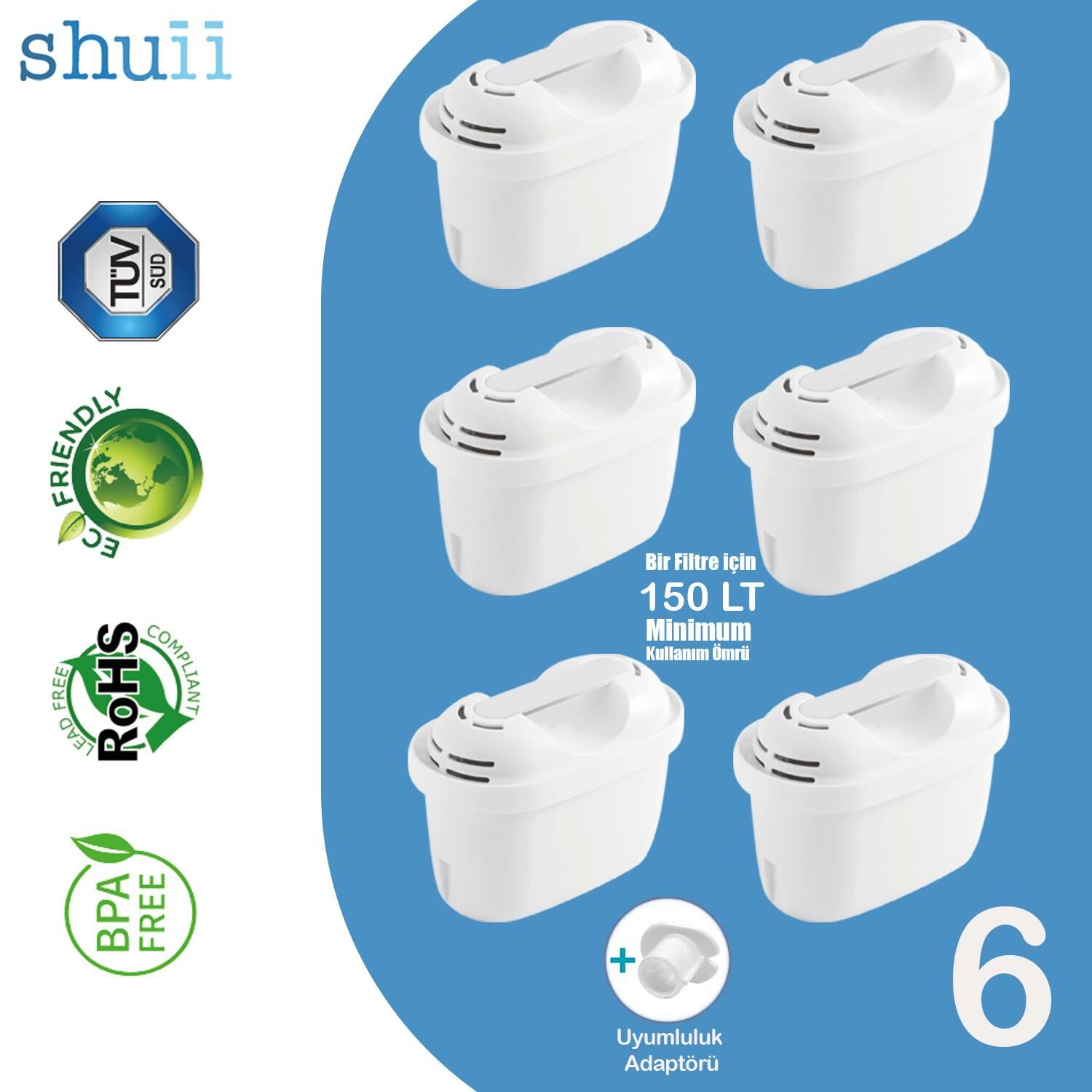 Pure+ I Su Arıtma Filtresi (6 Adet Filtre ) I Shuii Jugg ve Brita Maxtra+ ile Uyumlu