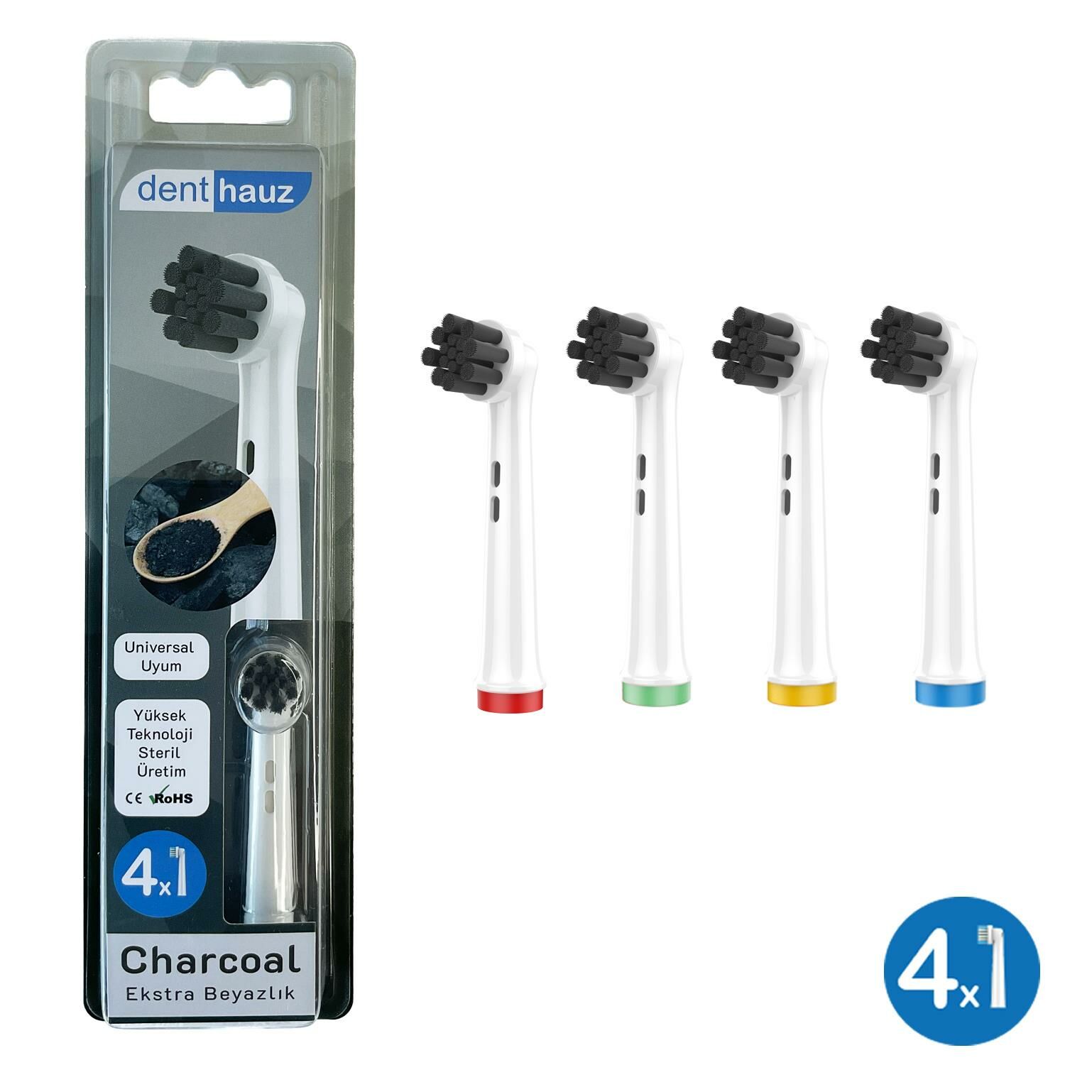 Charcoal - Ekstra Beyazlık Oral-B Uyumlu Diş Fırçası Başlığı - 4 Adet Yedek Başlık