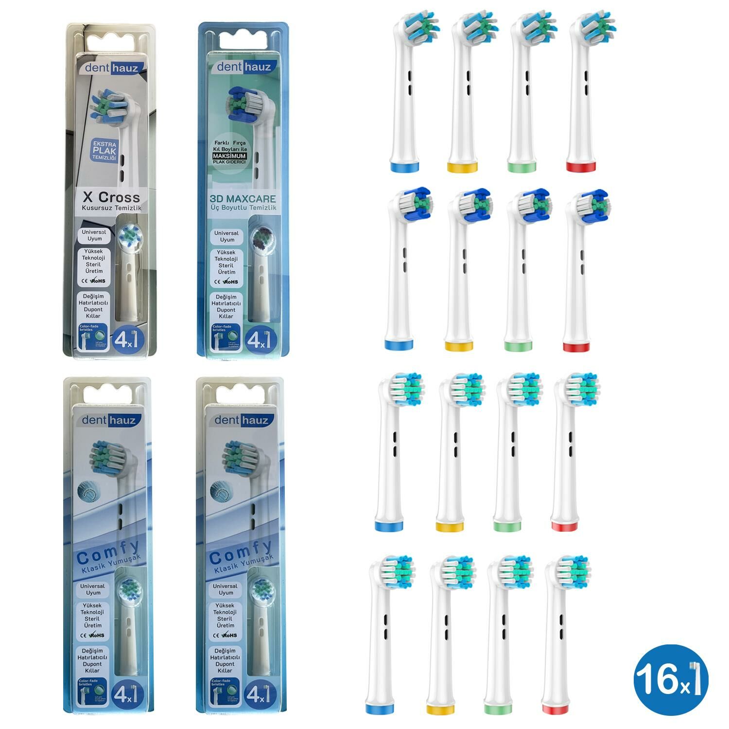Dev Set 16 Adet Comfy + X Cross + 3D Maxcare Oral-B Uyumlu Yedek Diş Fırçası Başlıkları