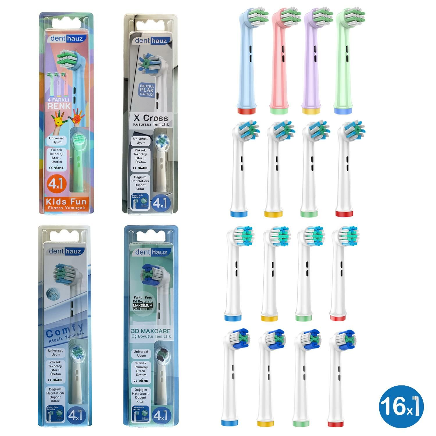 Dev Set 16 Adet Comfy + X Cross + 3D Maxcare + Kids Fun Oral-B Uyumlu Yedek Diş Fırçası Başlıkları