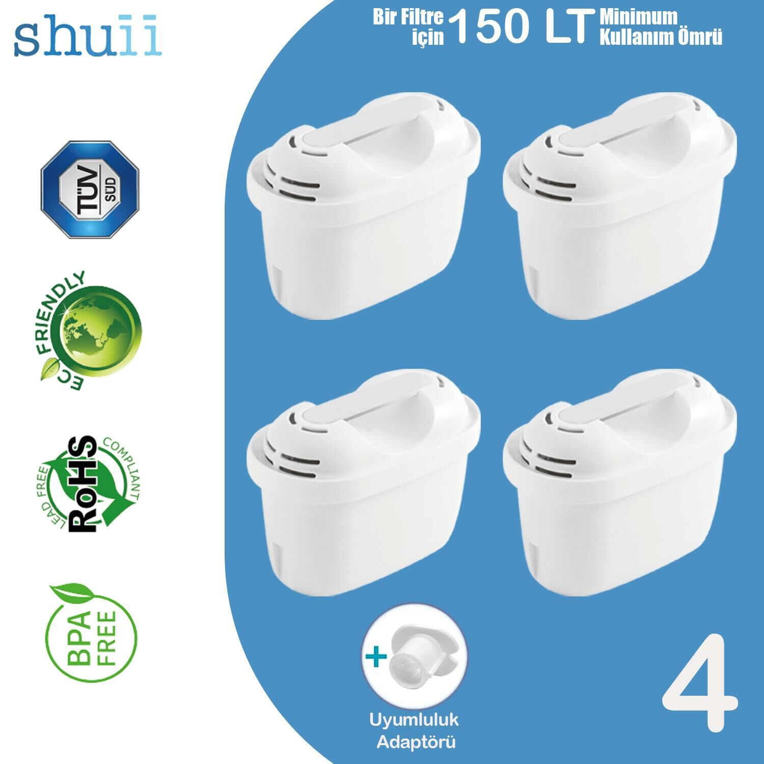 Pure+ I Su Arıtma Filtresi (4 Adet Filtre ) I Shuii Jugg ve Brita Maxtra+ ile Uyumlu