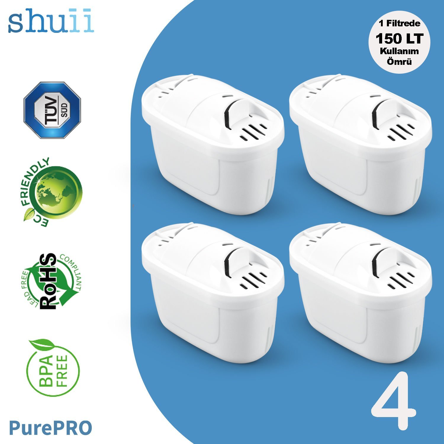 PurePro I Su Arıtma Sürahisi Filtresi (4 Adet Filtre ) I Jugg ve Brita Maxtra+ Pro ile Uyumlu