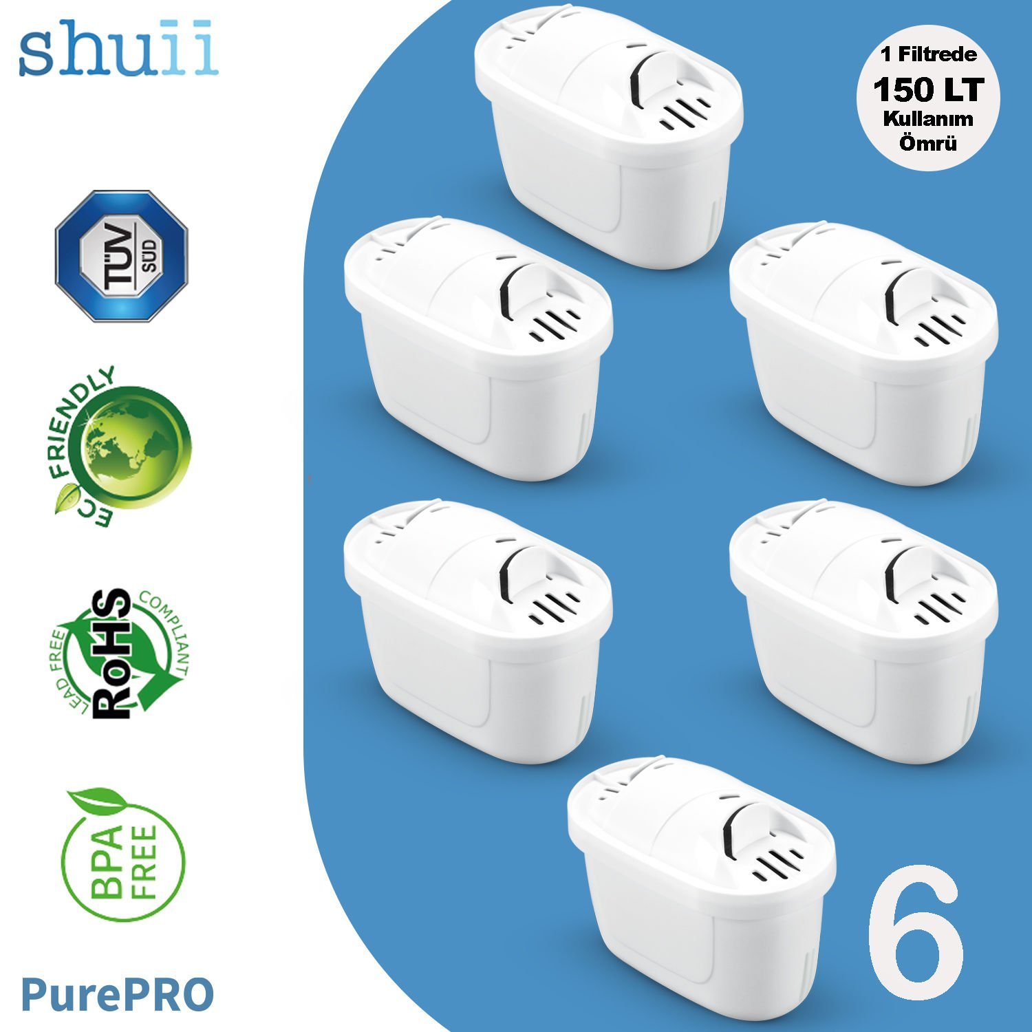 PurePro I Su Arıtma Sürahisi Filtresi (6 Adet Filtre ) I Jugg ve Brita Maxtra+ Pro ile Uyumlu