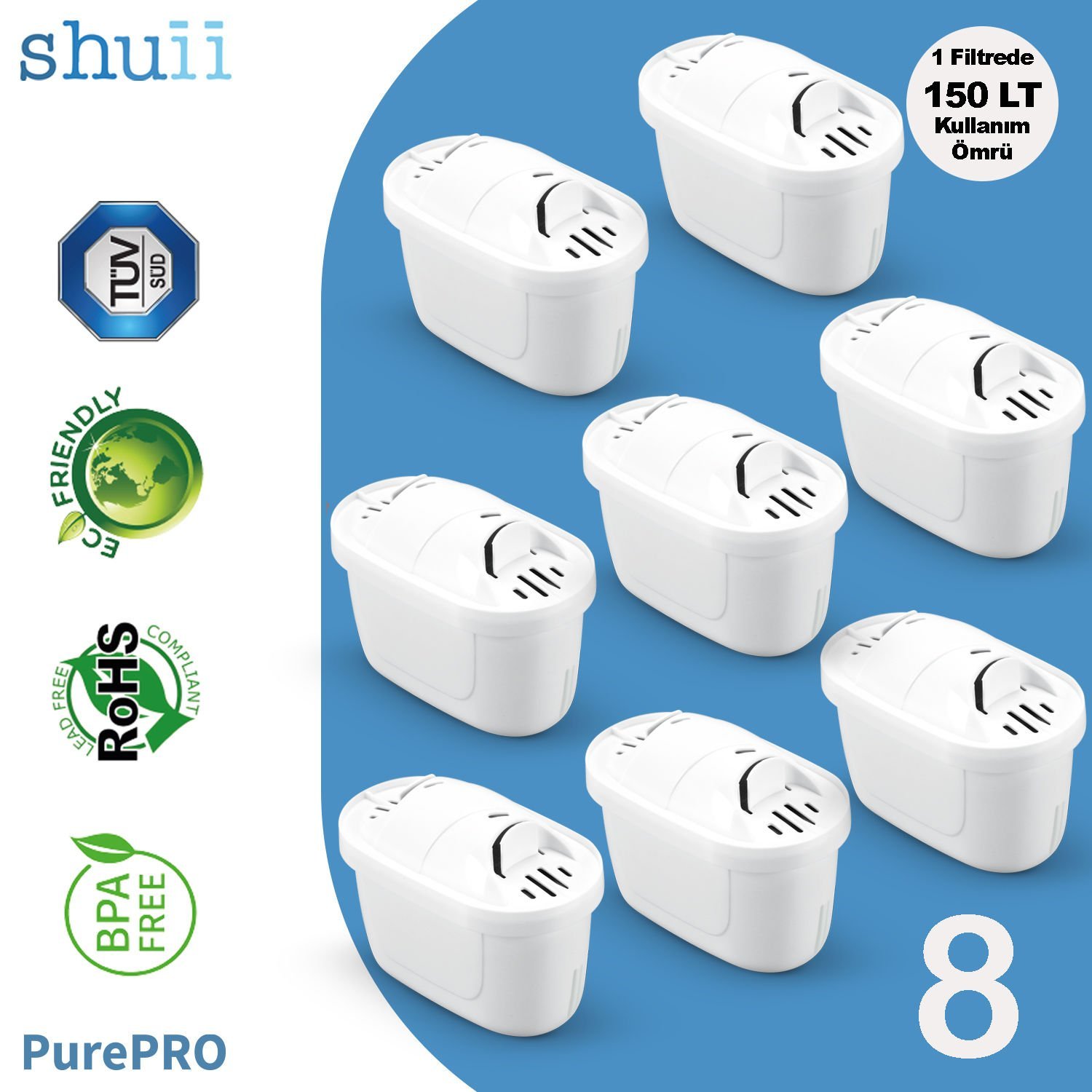 PurePro I Su Arıtma Sürahisi Filtresi (8 Adet Filtre ) I Jugg ve Brita Maxtra+ Pro ile Uyumlu