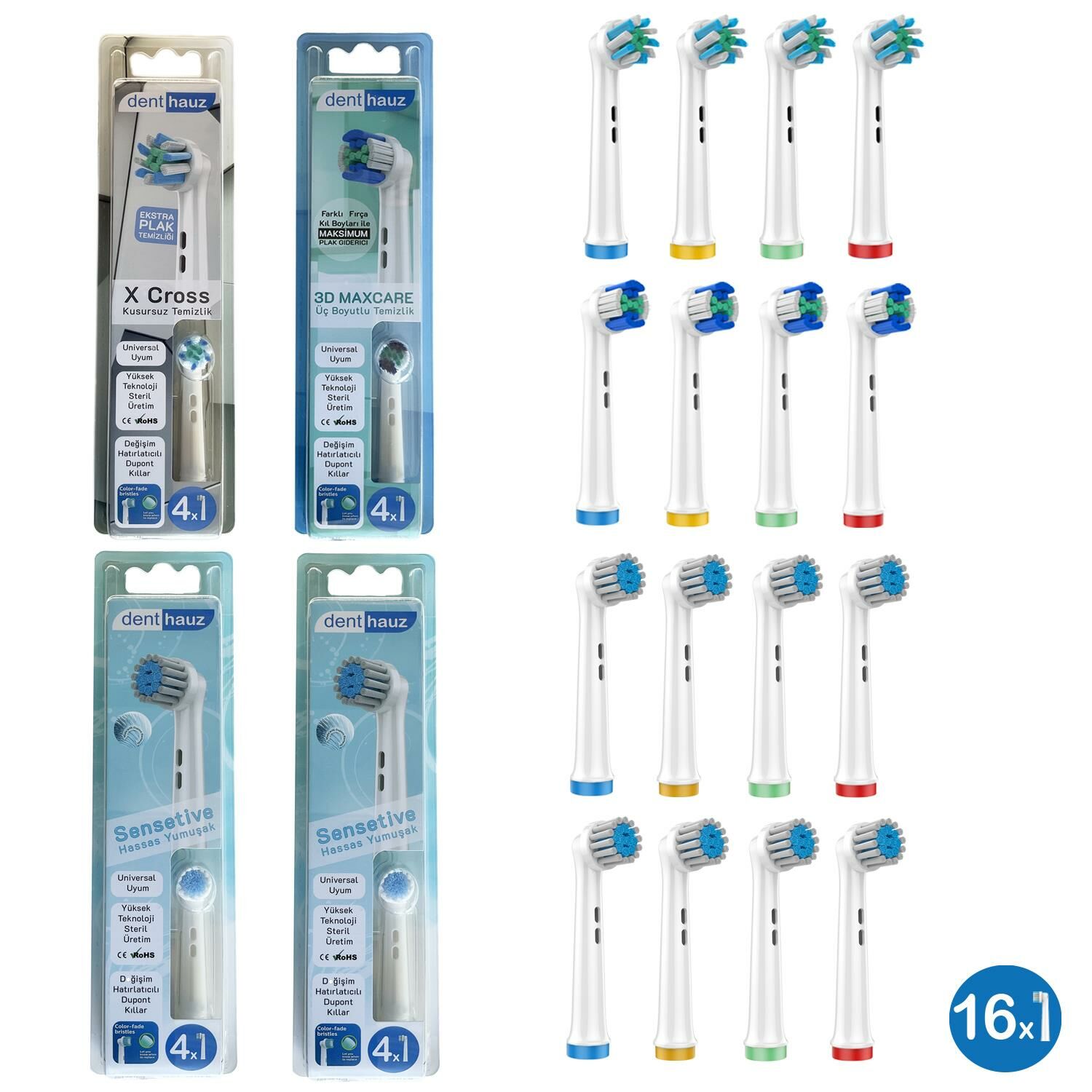 Dev Set 16 Adet  Sensetive + X Cross + 3D Maxcare Oral-B Uyumlu Yedek Diş Fırçası Başlıkları